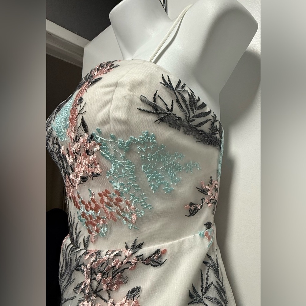 Nicole Miller NY Cocktail Dress Sheer Mesh Embroidered Aqua Mist Coral White - Picture 5 of 10